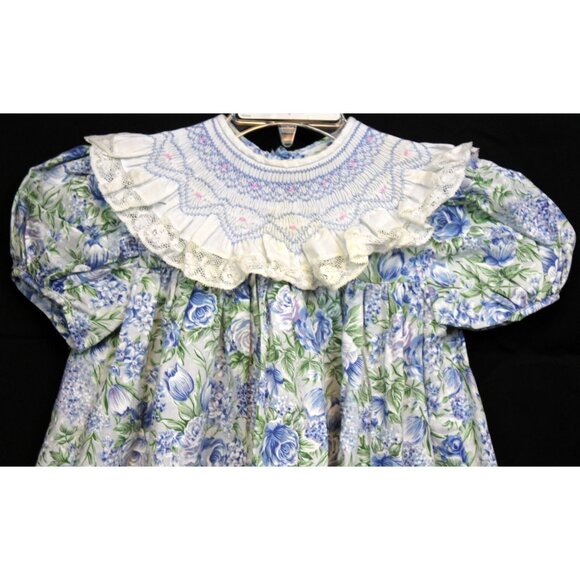 Vtg 90s Tabony Collection Smocked Dress 2T Blue Cabbage Roses Lace Spring Garden - Picture 2 of 9